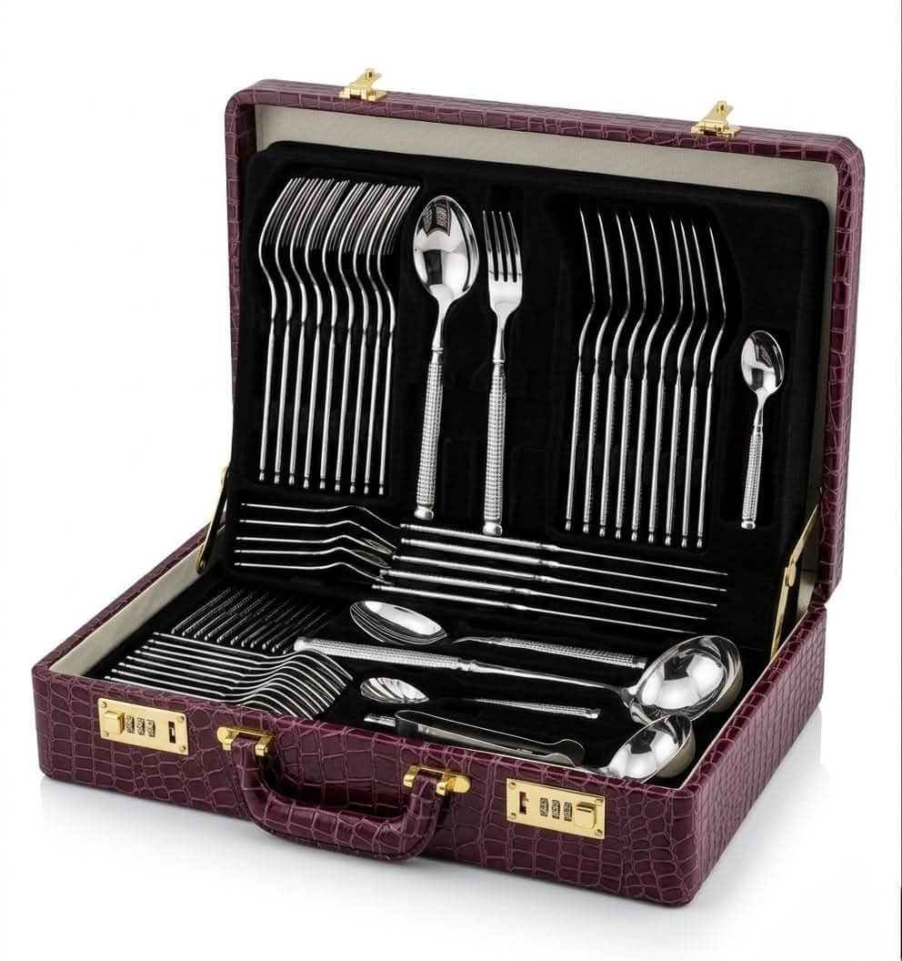 Luxury 85-Piece Stainless Steel Cutlery Set beautifully displayed in a premium storage case.