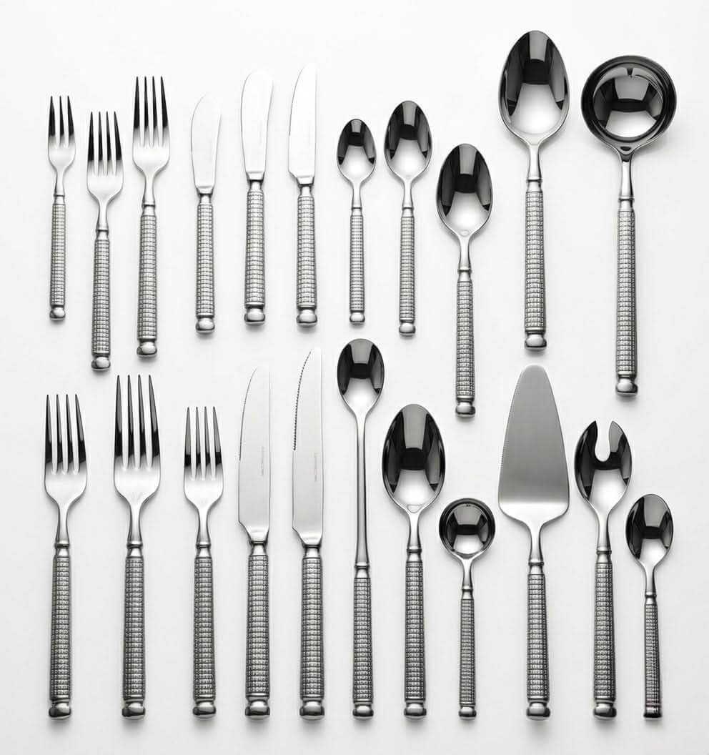 Luxury 85-Piece Stainless Steel Cutlery Set showcasing forks, knives, spoons, and serving utensils.
