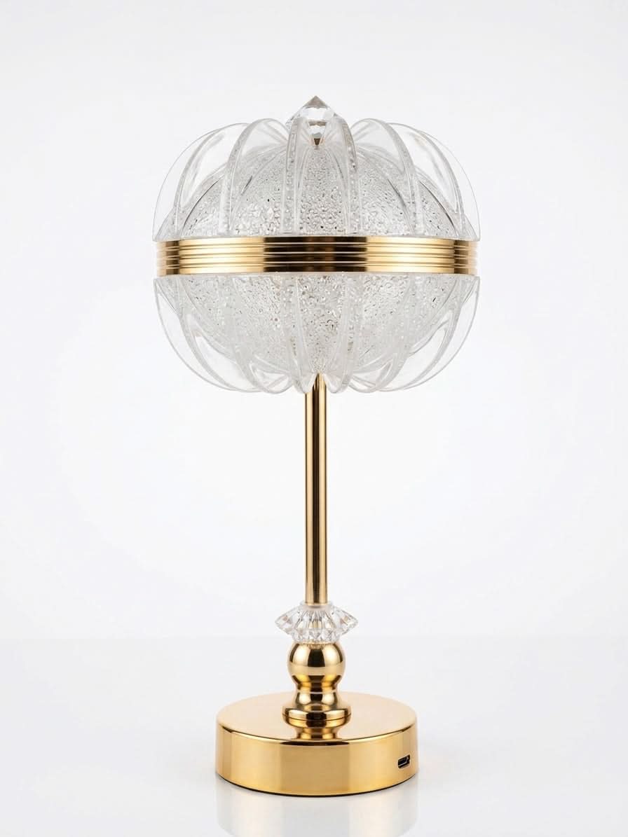 Luxury gold bedside lamp with crystal globe design and metallic finish, perfect for elegant bedroom decor.