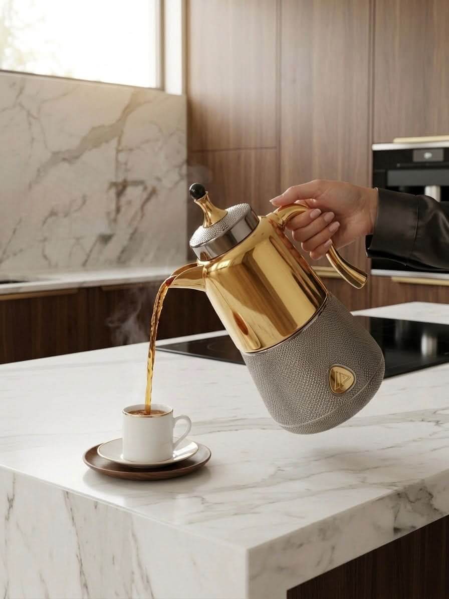 Luxury thermal carafe for coffee and tea pouring into a cup on a marble kitchen counter.