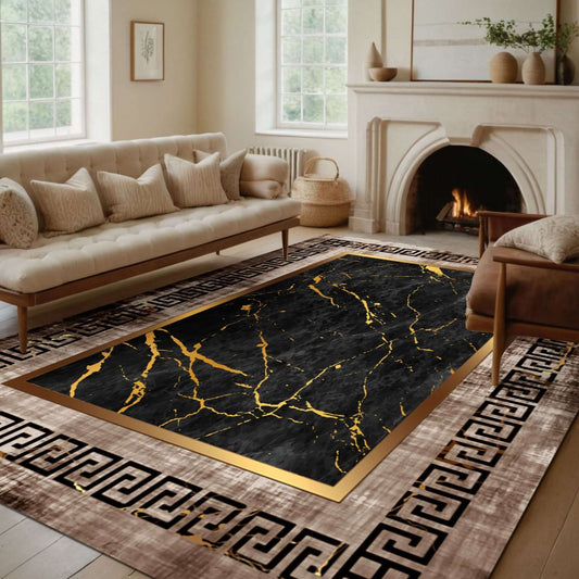 Luxury Marble-Inspired Rug with Greek Key Border-Add elegance to your home with the BY-DLS-232 Luxury Marble-Inspired Rug. Black marble design with gold veining and Greek key border. Shop affordable luxury today!-Bazaar G Rugs N Gifts