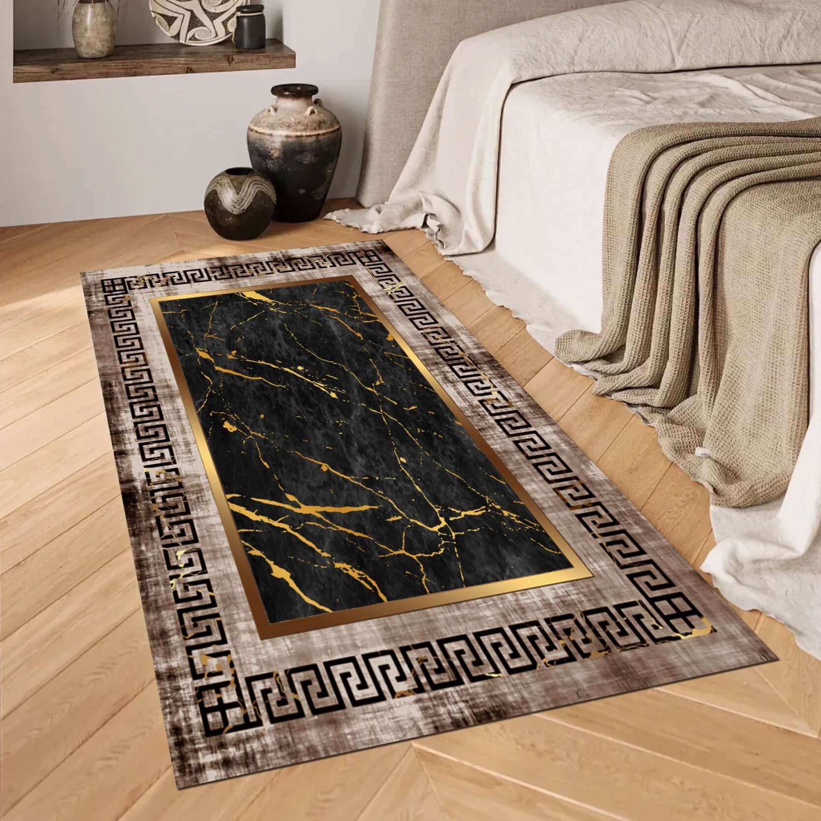 Luxury Marble-Inspired Rug with Greek Key Border
