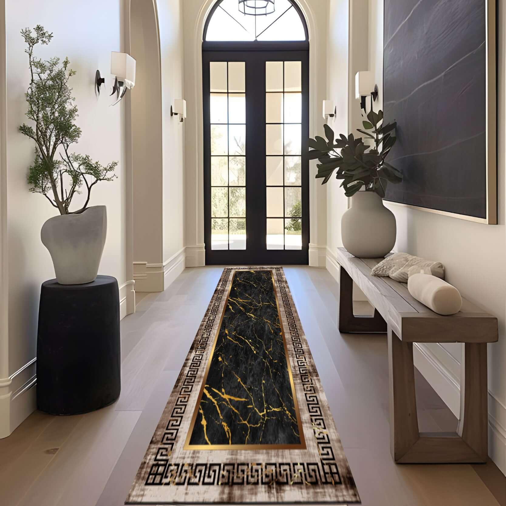 Luxury Marble-Inspired Rug with Greek Key Border