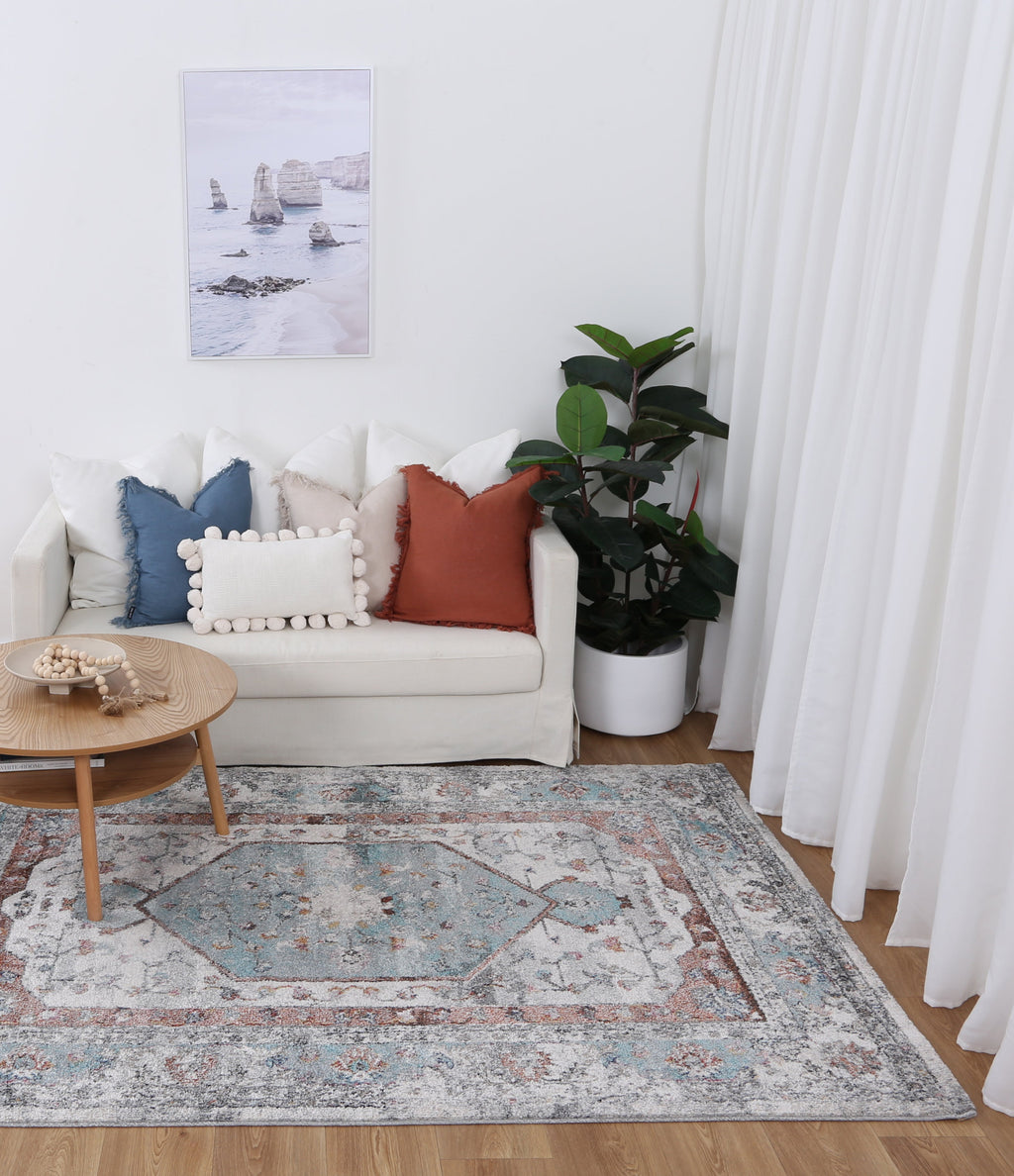 Mira M02 Grey Multicolour Medallion Rug styled with furniture