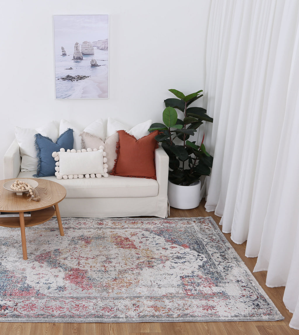 Mira Medallion Grey Multicolour Rug - M03 styled with furniture