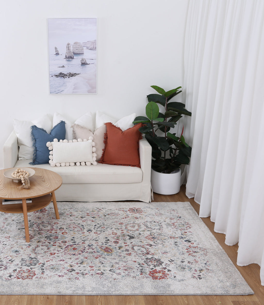 Mira M04 Grey Multicolour Floral Rug styled with furniture