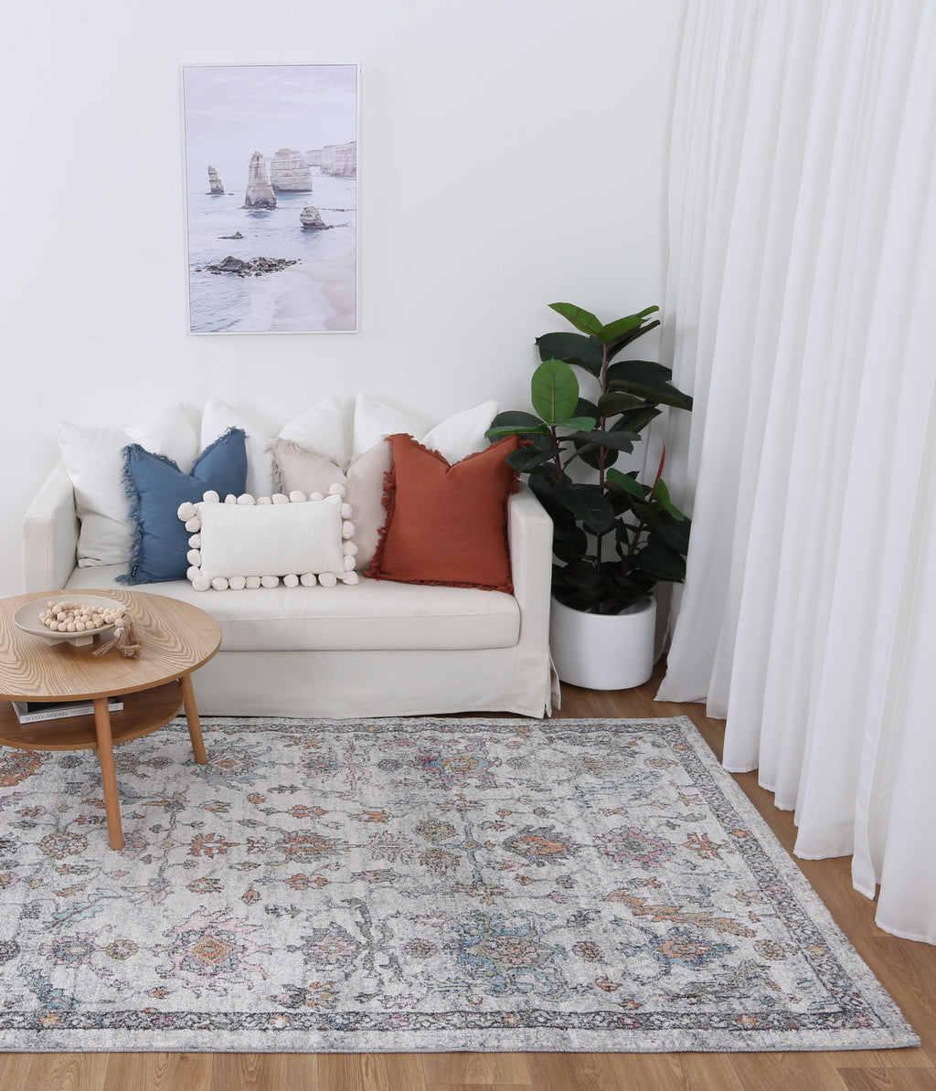 Mira Floral Grey Multicolour Rug - M05 styled with furniture