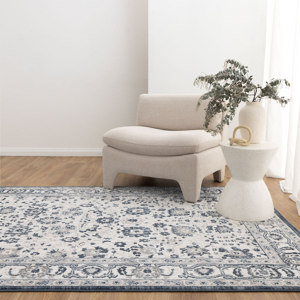 Maya Floral Traditional Blue Rug - M102 styled with furniture