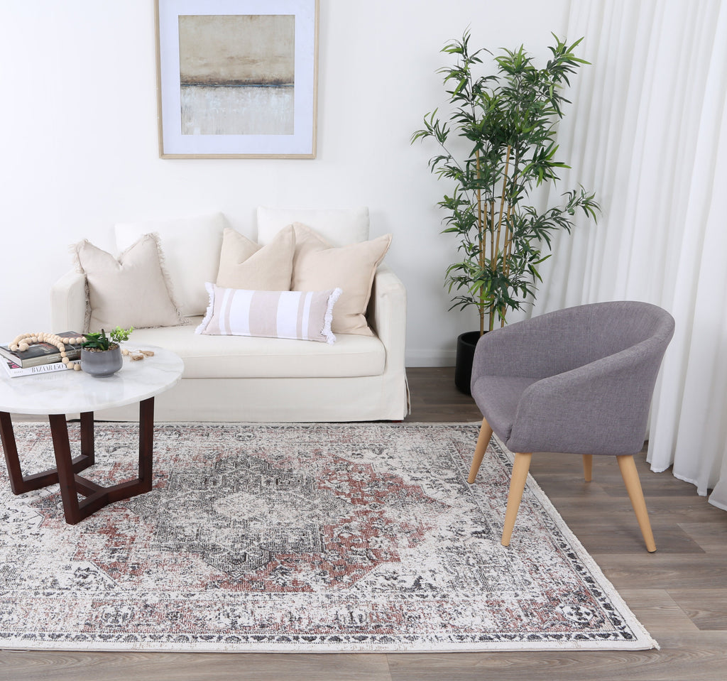 Maryland Grey Multicolour Medallion Rug - M16 styled with furniture