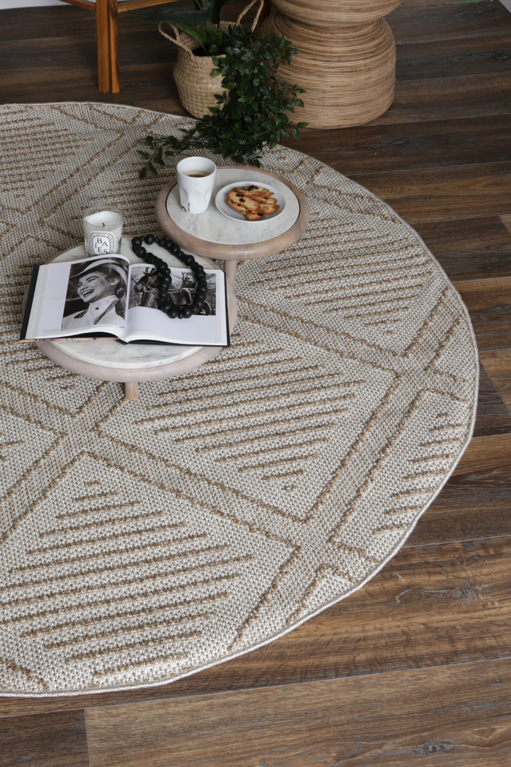 Maldives Beige Diamond Indoor Outdoor Rug - MALD07 styled with furniture
