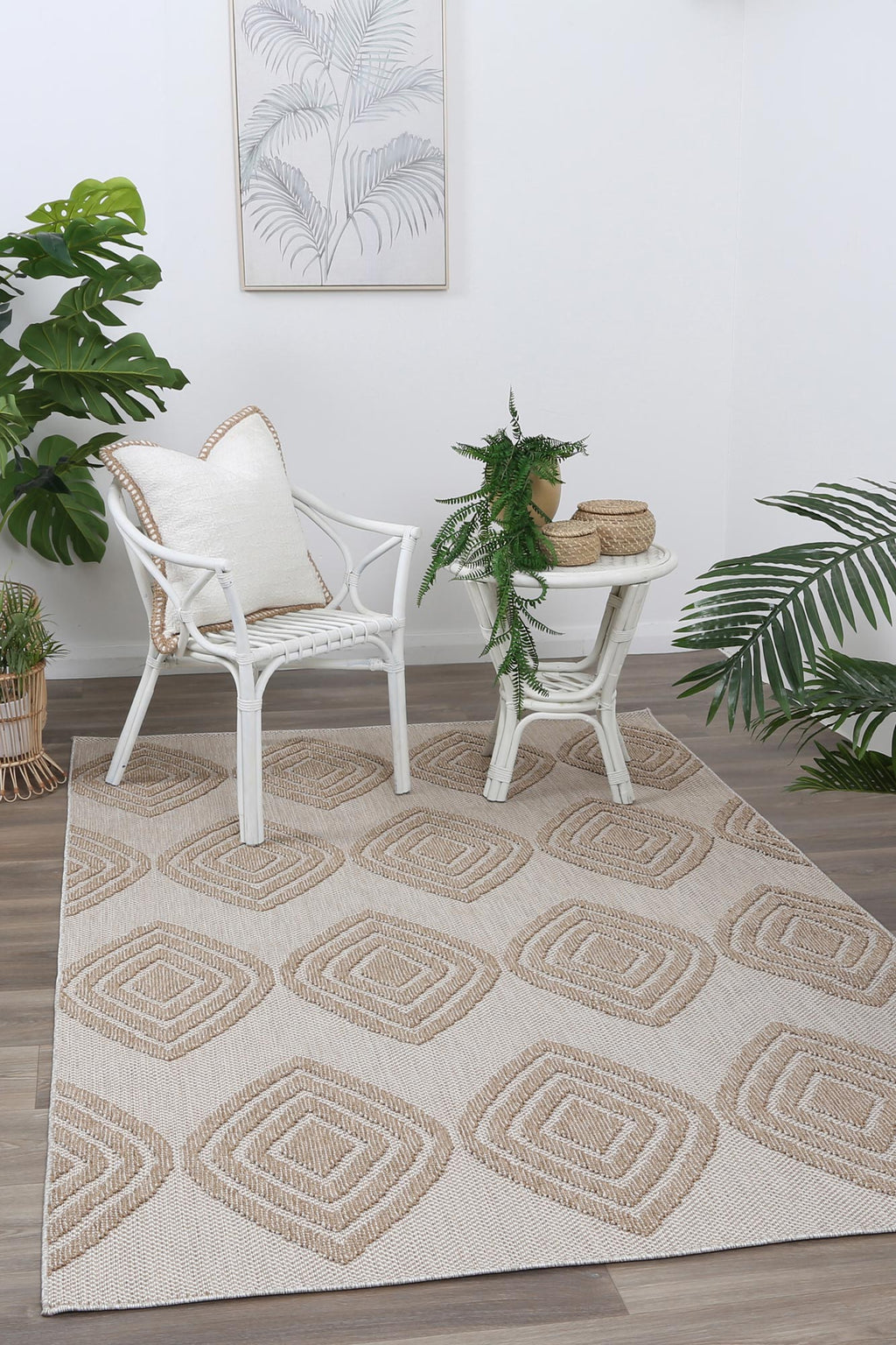 Maldives Modern Indoor/Outdoor Beige Rug styled with furniture
