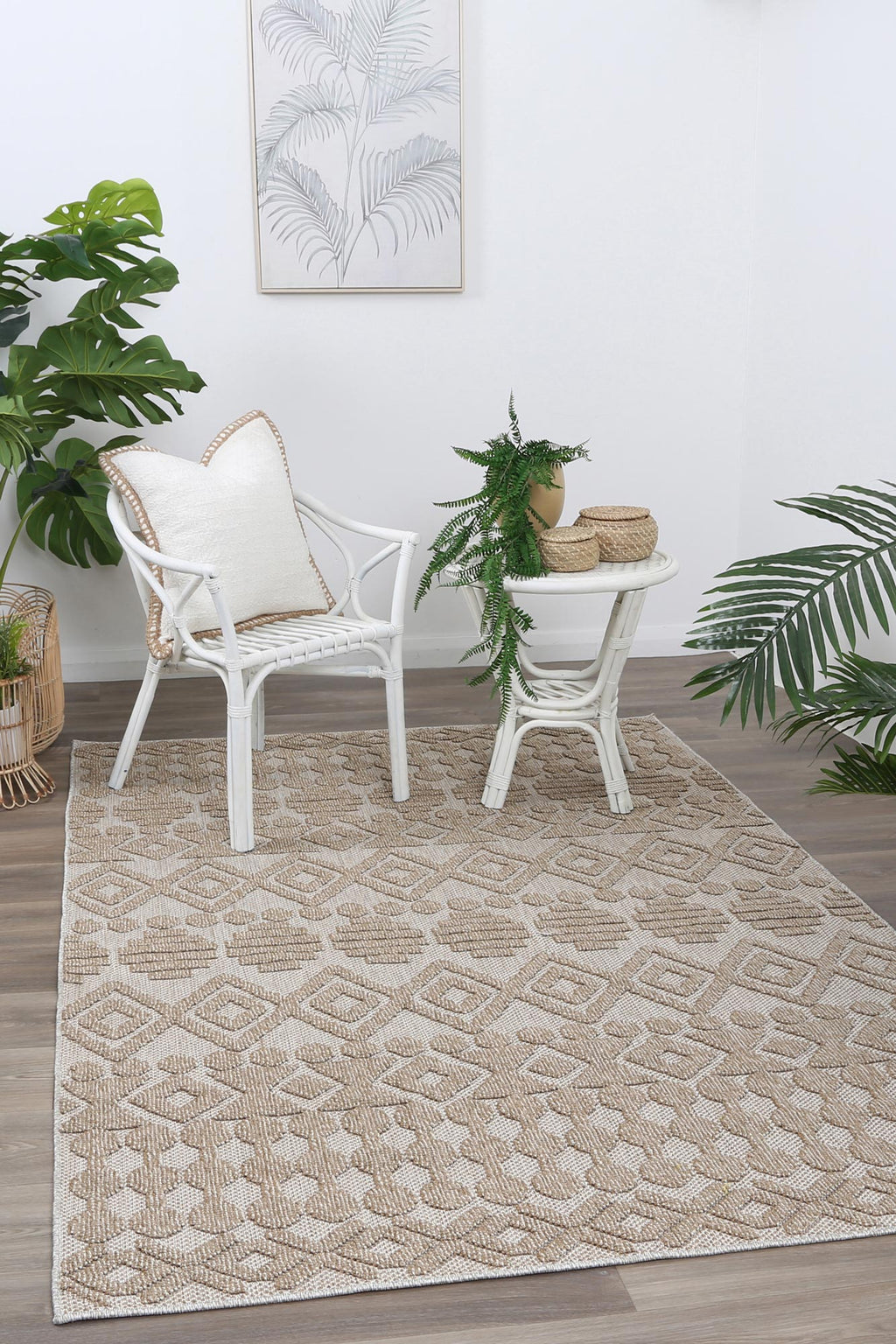 Maldives Beige Geometric Indoor Outdoor Rug - TW06 styled with furniture