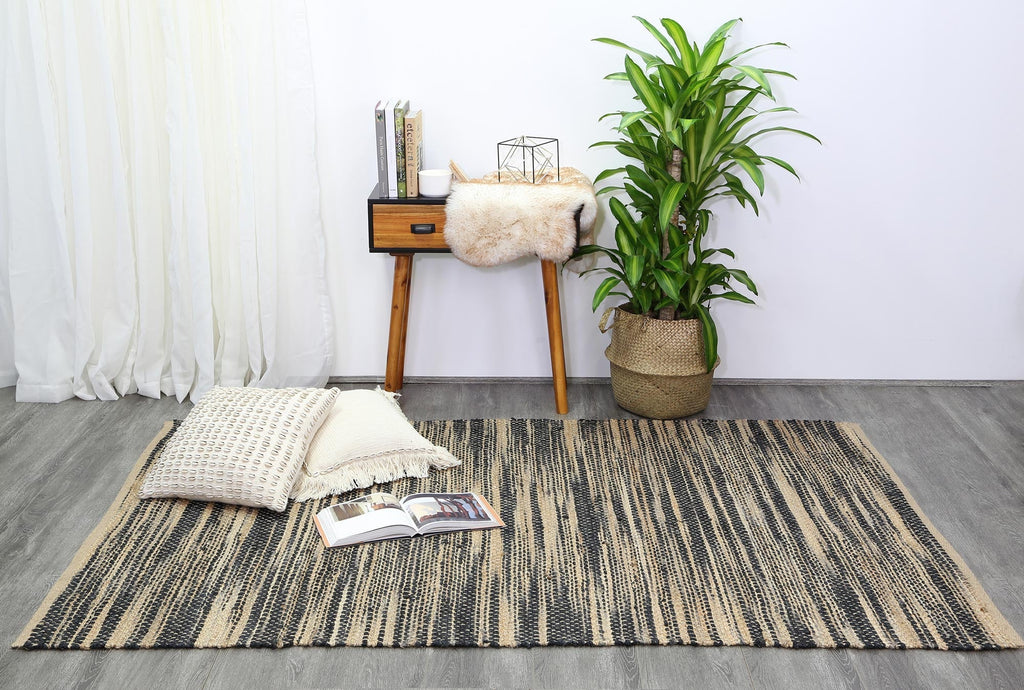 Malmo Grey Stripe Natural Jute Rug styled with furniture