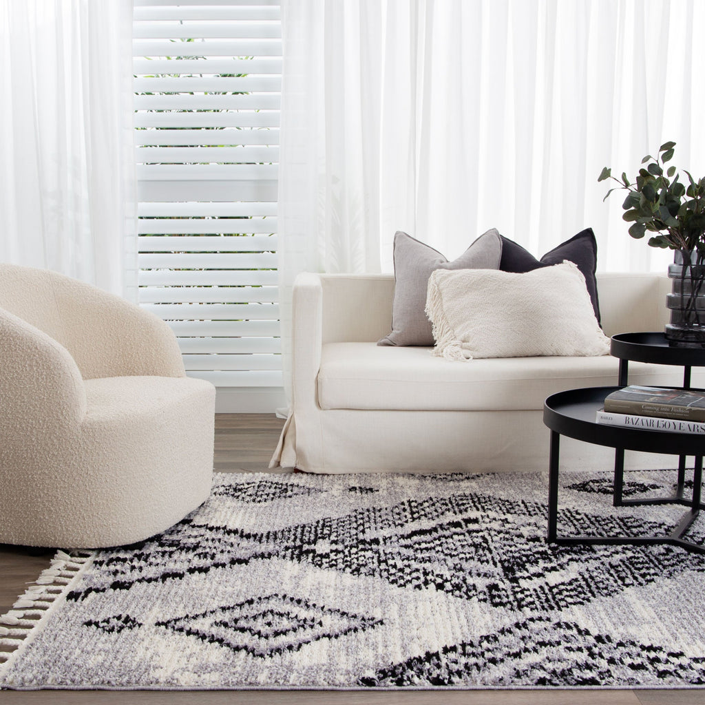 Mansour Aztec Grey Geometric Rug - 1GREY styled with furniture