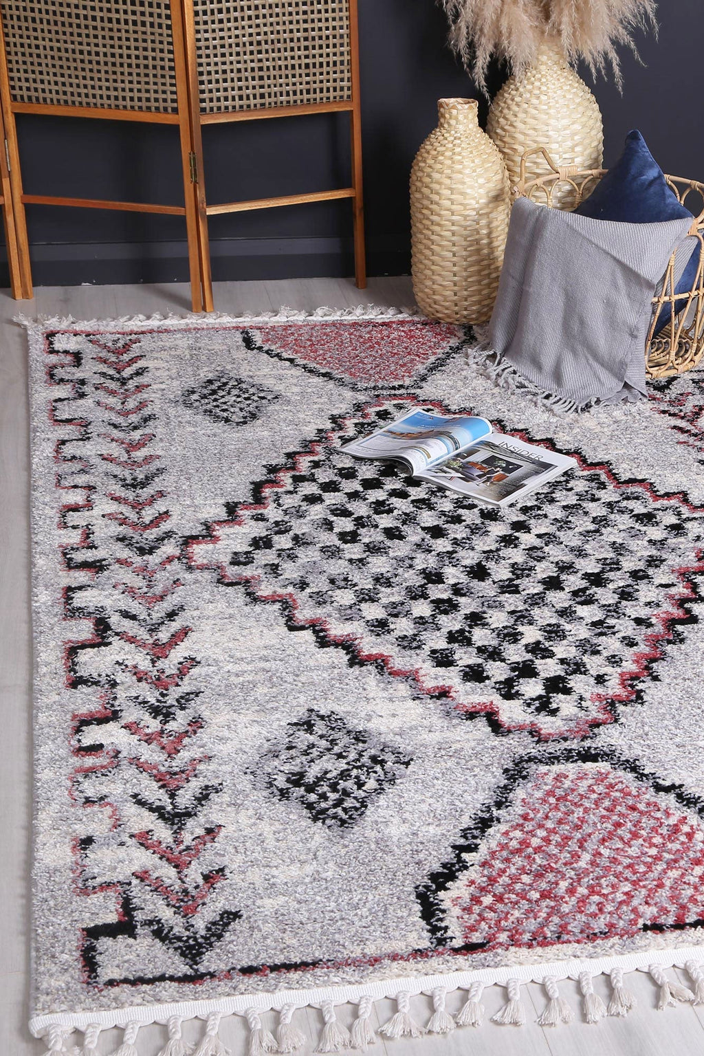 Mansour Tocapus Blush Geometric Rug - 3BLUS styled with furniture