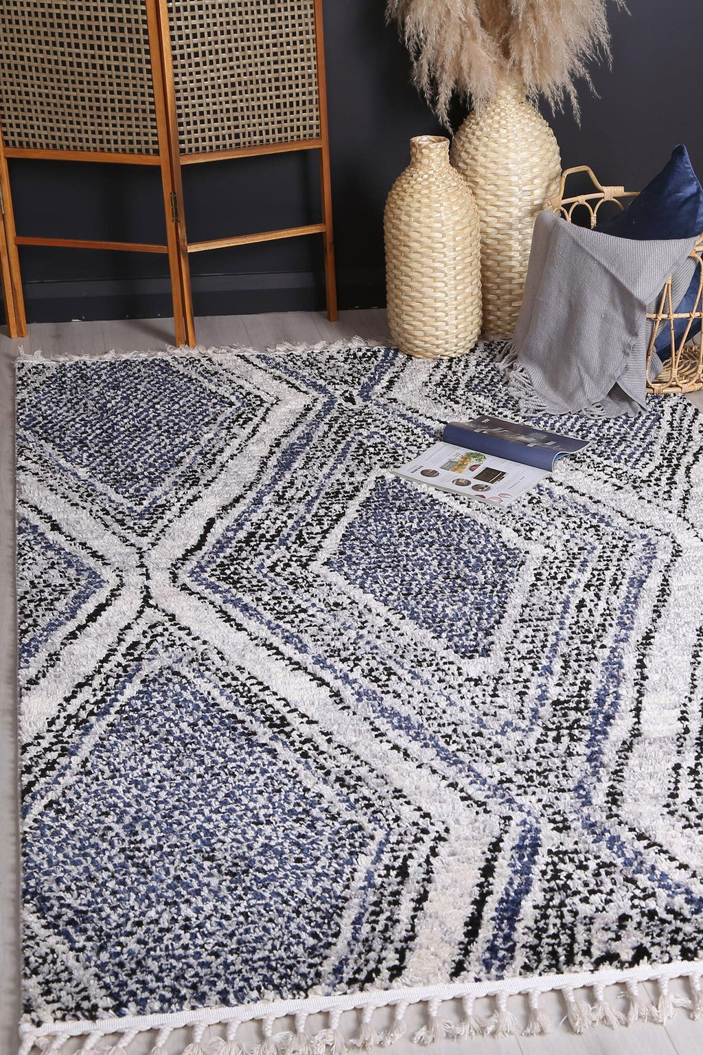 Mansour Harlequin Blue Geometric Rug - 7BLUE styled with furniture