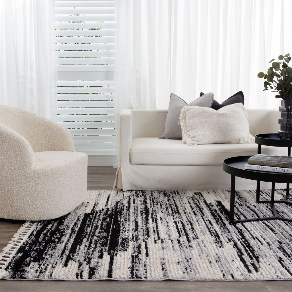 Mansour Abstract Beige & Black Shag Rug - 9BEIGE styled with furniture