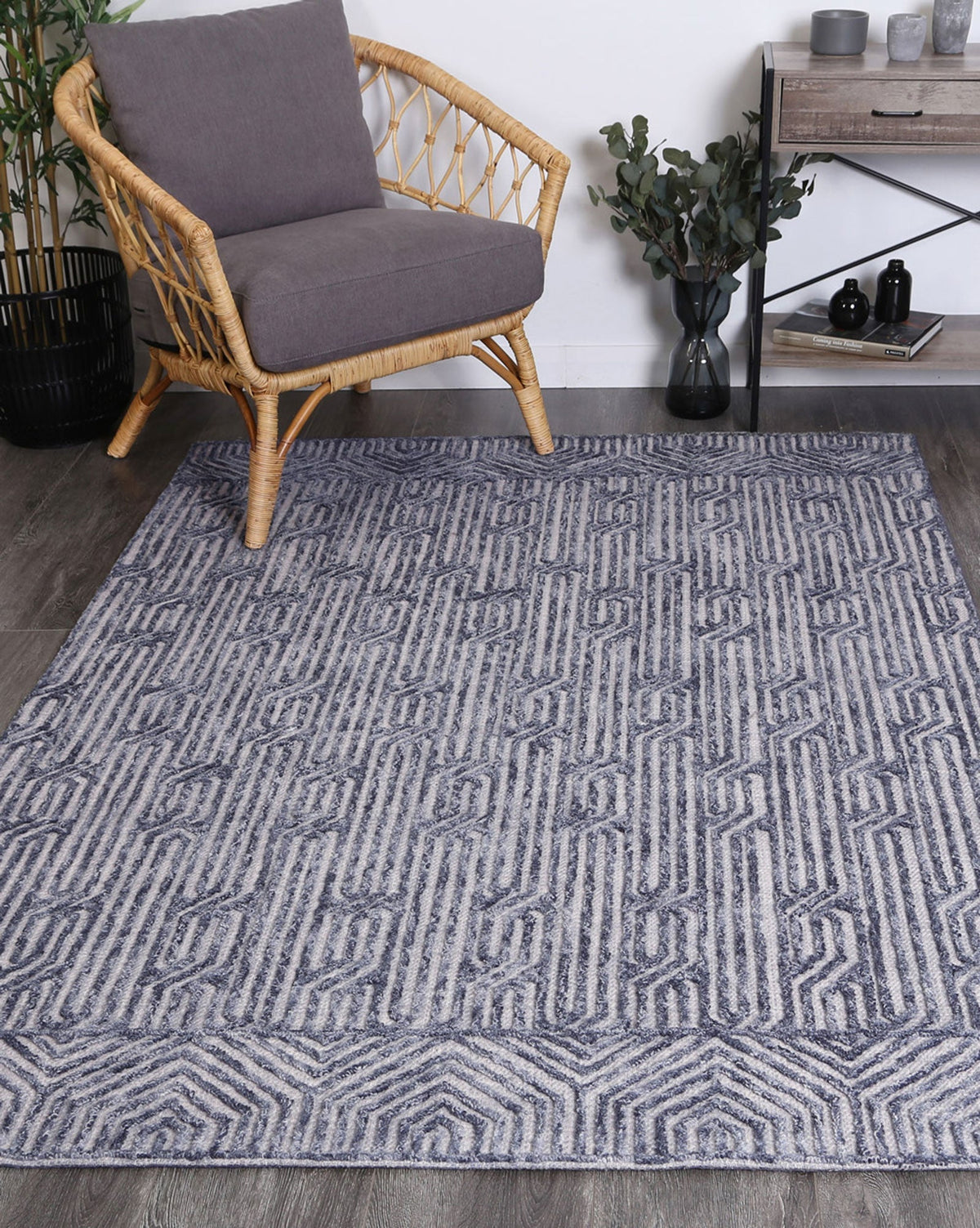 Marbella Blue Contemporary Rug - 60215LGRY styled with furniture