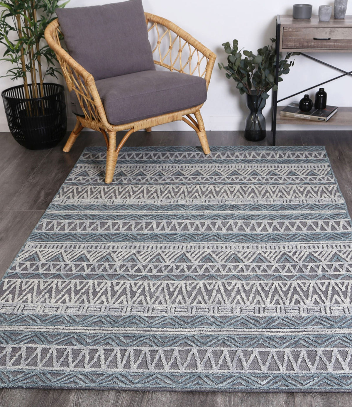 Marbella Cazorla Charcoal Contemporary Rug - 60265DGRY styled with furniture