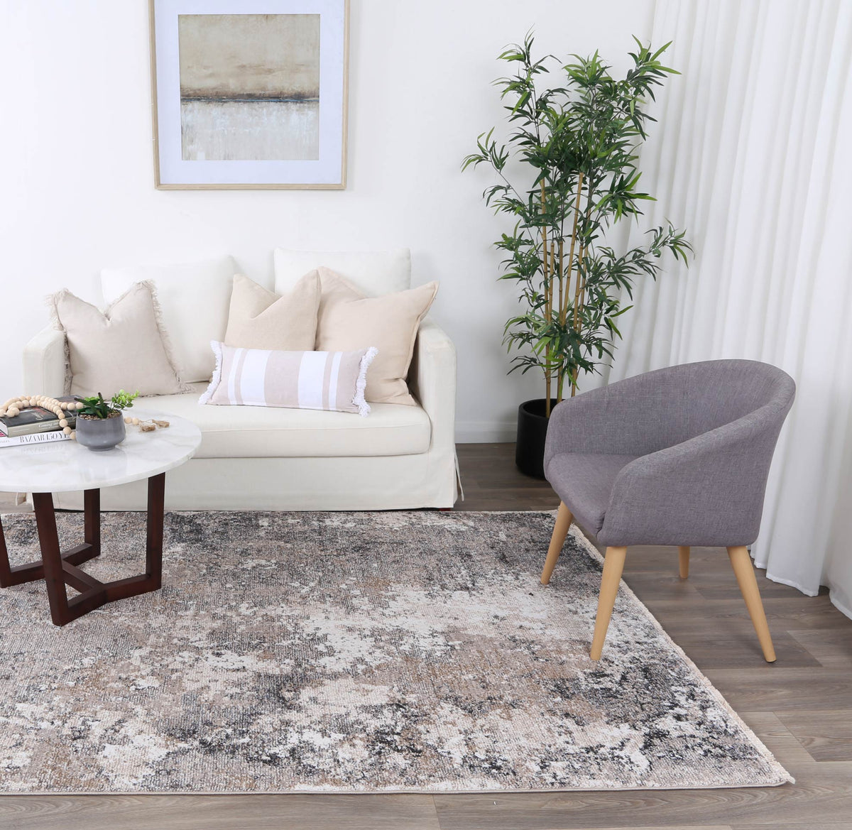 Maryland Mosoel Ash Abstract Soft Rug - M07 styled with furniture