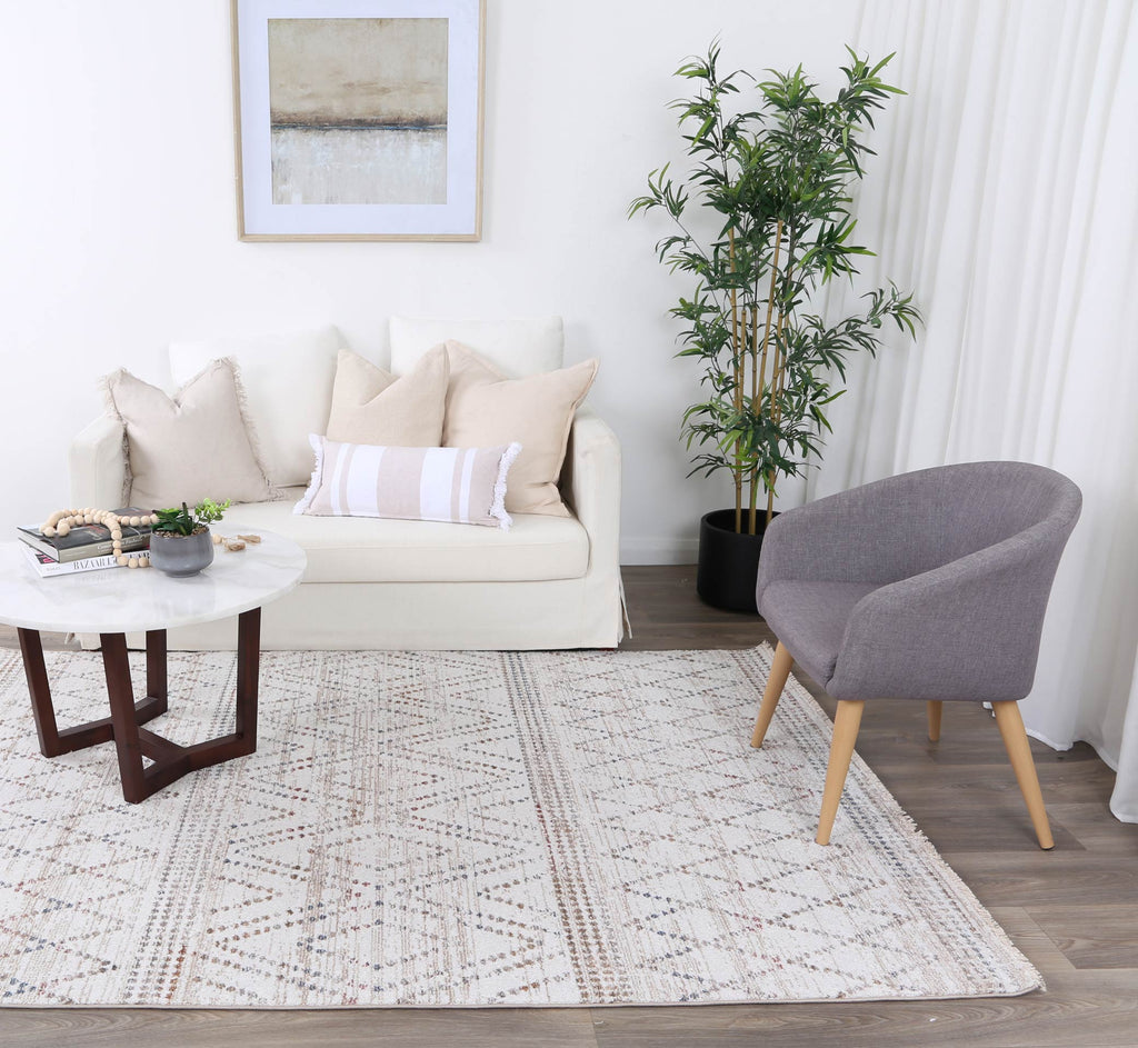 Maryland Tabriz Beige Geometric Soft Rug - M08 styled with furniture