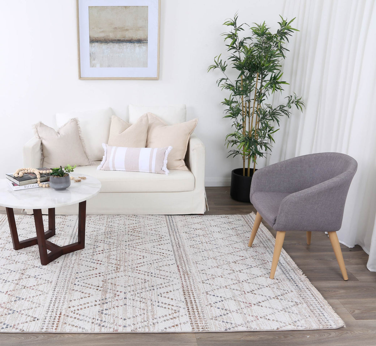 Maryland Tabriz Beige Geometric Soft Rug - M08 styled with furniture