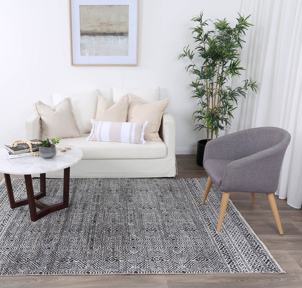Maryland Zaranj Charcoal Tribal Soft Rug - M11 styled with furniture