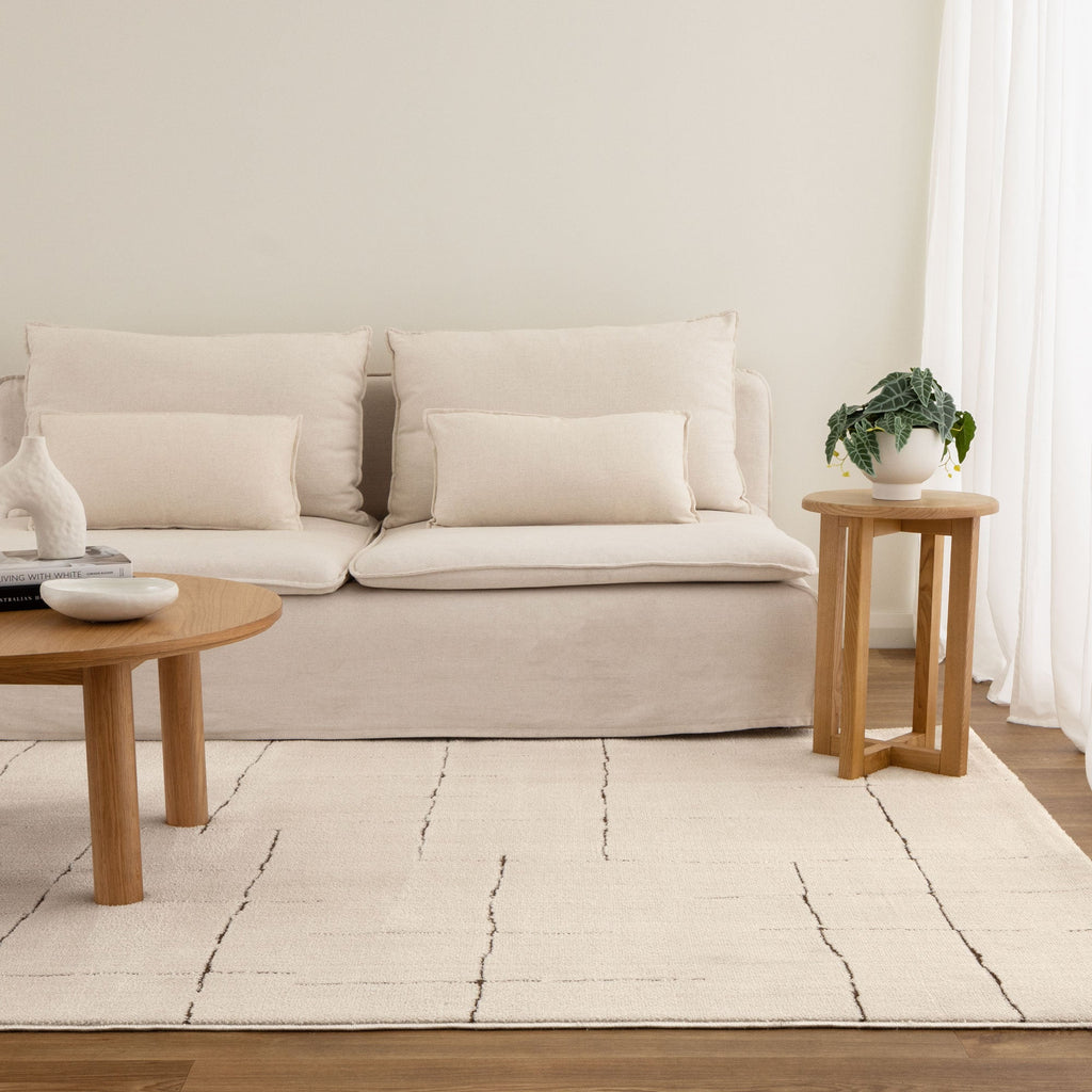 Mila Abstract Lines Brown Cream Rug - MIL10 styled with furniture