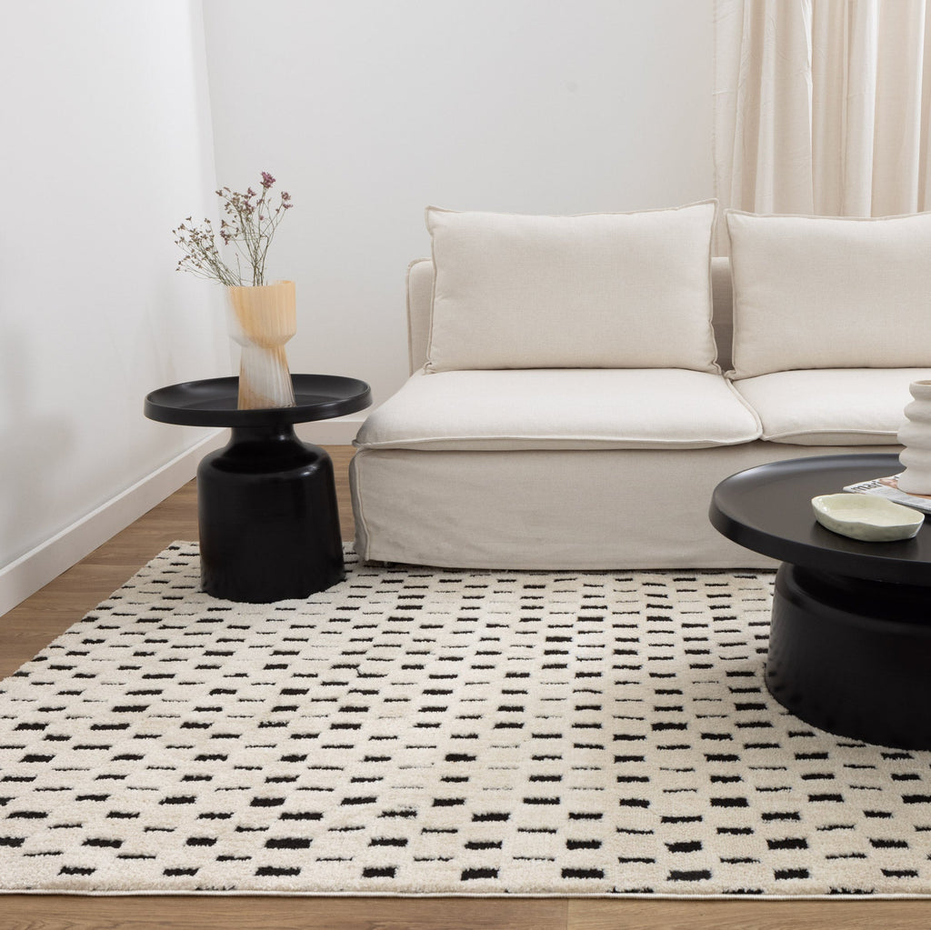 Mila Monochrome Squares Black and Cream Rug - MIL2 styled with furniture