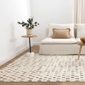 Mila Monochrome Squares Brown and Cream Rug - MIL3 styled with furniture