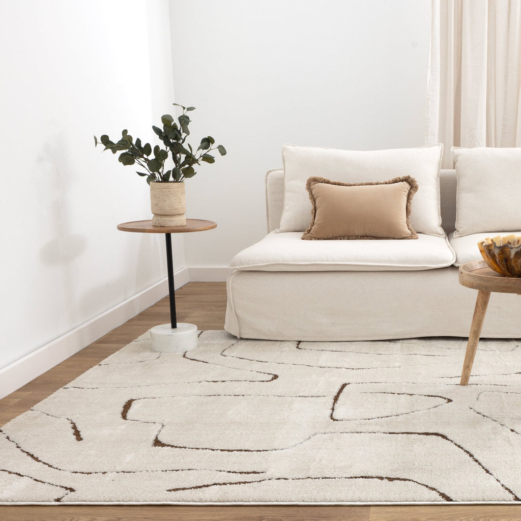 Mila Modern Lines Cream and Brown Rug - MIL5 styled with furniture