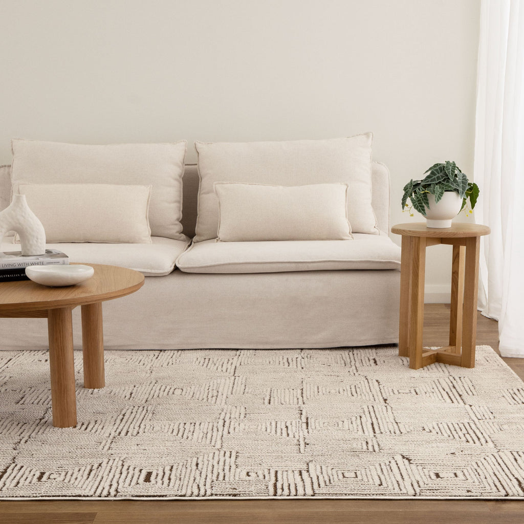 Mila Geometric Squares Cream Brown Rug - MIL8 styled with furniture