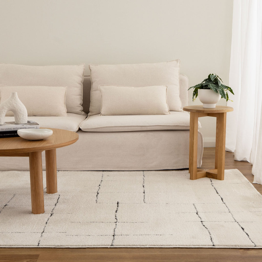 Mila Abstract Lines Black Cream Rug - MIL9 styled with furniture