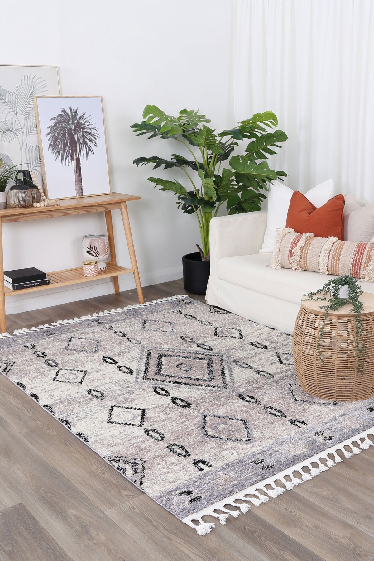 Morocco Tribal Diamond Ash Rug - MORO10 styled with furniture