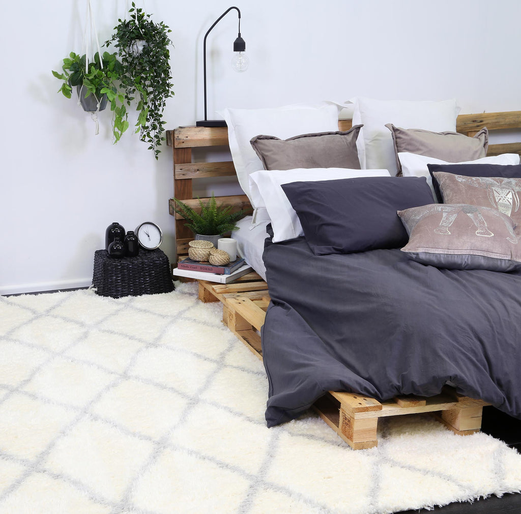 Moroccan Cream and Silver Diamond Rug - 8007 696 styled with furniture
