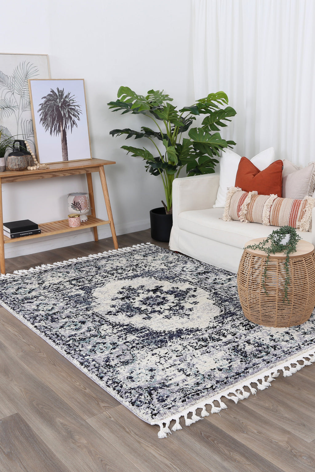 Morocco Grey White Shag Rug - MORO05 styled with furniture