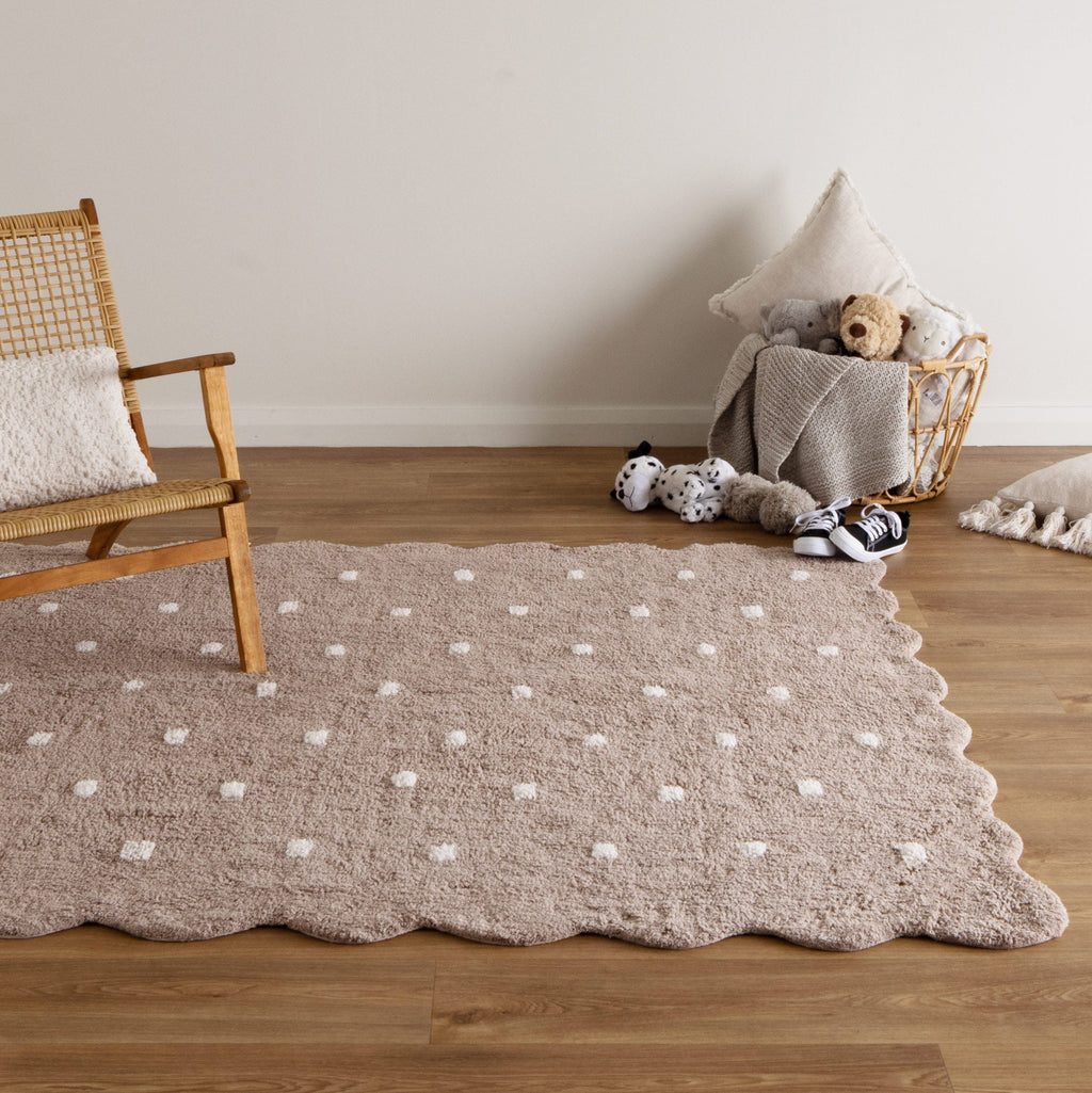 Mellow Rectangle Scalloped Kids Rug Mushroom Beige styled with furniture