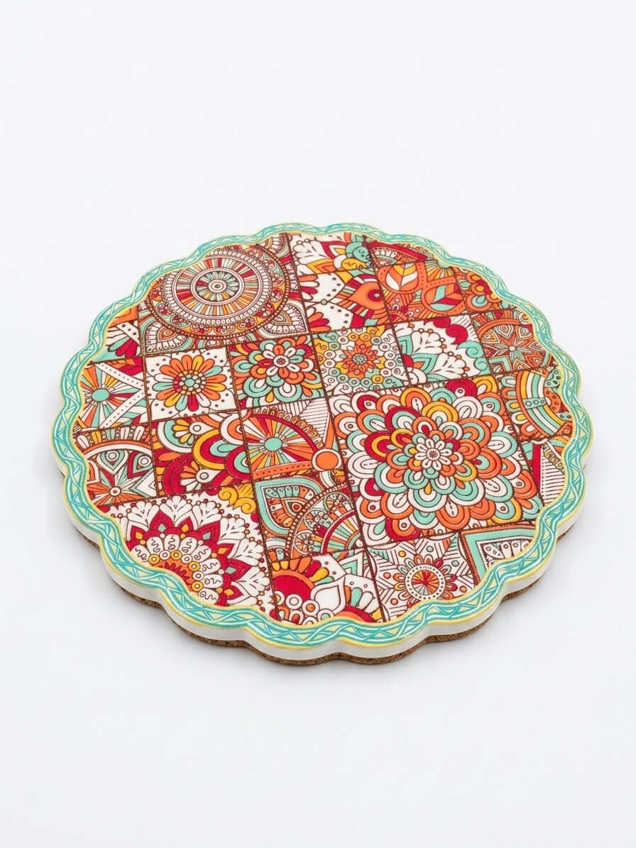 Mandala Cork Trivet – vibrant mosaic design with floral and geometric patterns, heat resistant kitchen pot stand, 20cm.