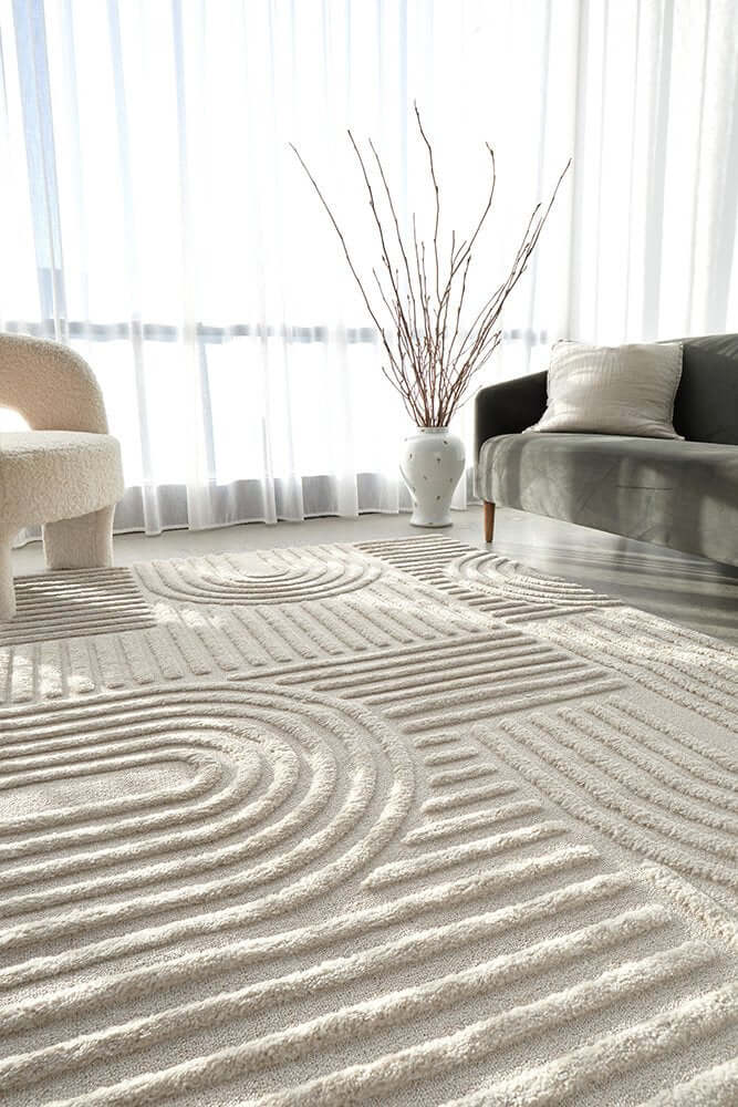 Marigold Dior Natural Modern Textured Rug showcasing modern textured area rug design in cream and beige tones with geometric patterns.