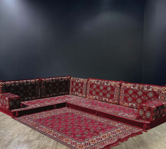 Maroon Diamond Arabian Majlis L-Shape Sofa Set,Make a statement with the Maroon Diamond Arabian Majlis L-Shape Sofa Set. Luxurious maroon tones, 100% cotton covers, firm sponge, and a matching rug for elegance and comfort.