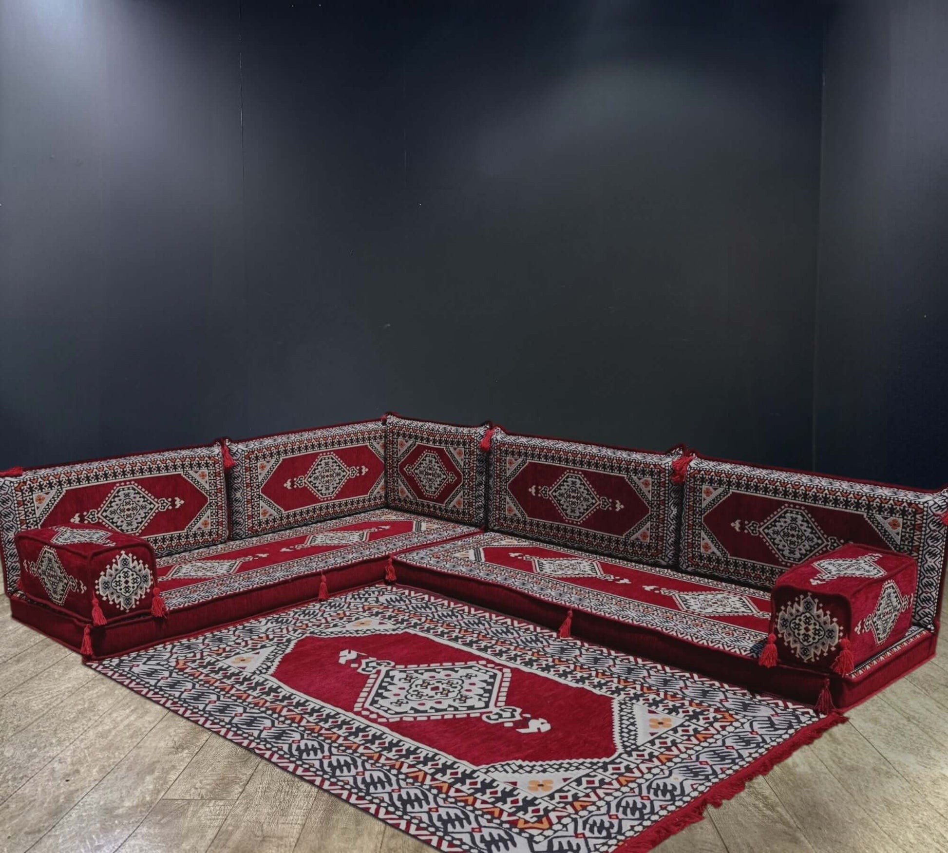 Maroon Palace Arabian Majlis L-Shape Sofa Set-Bring sophistication to your home with the Maroon Palace Arabian Majlis L-Shape Sofa Set. Rich maroon tones, 100% cotton covers, firm sponge, and a matching rug offer style and comfort.-Bazaar G Rugs N Gifts
