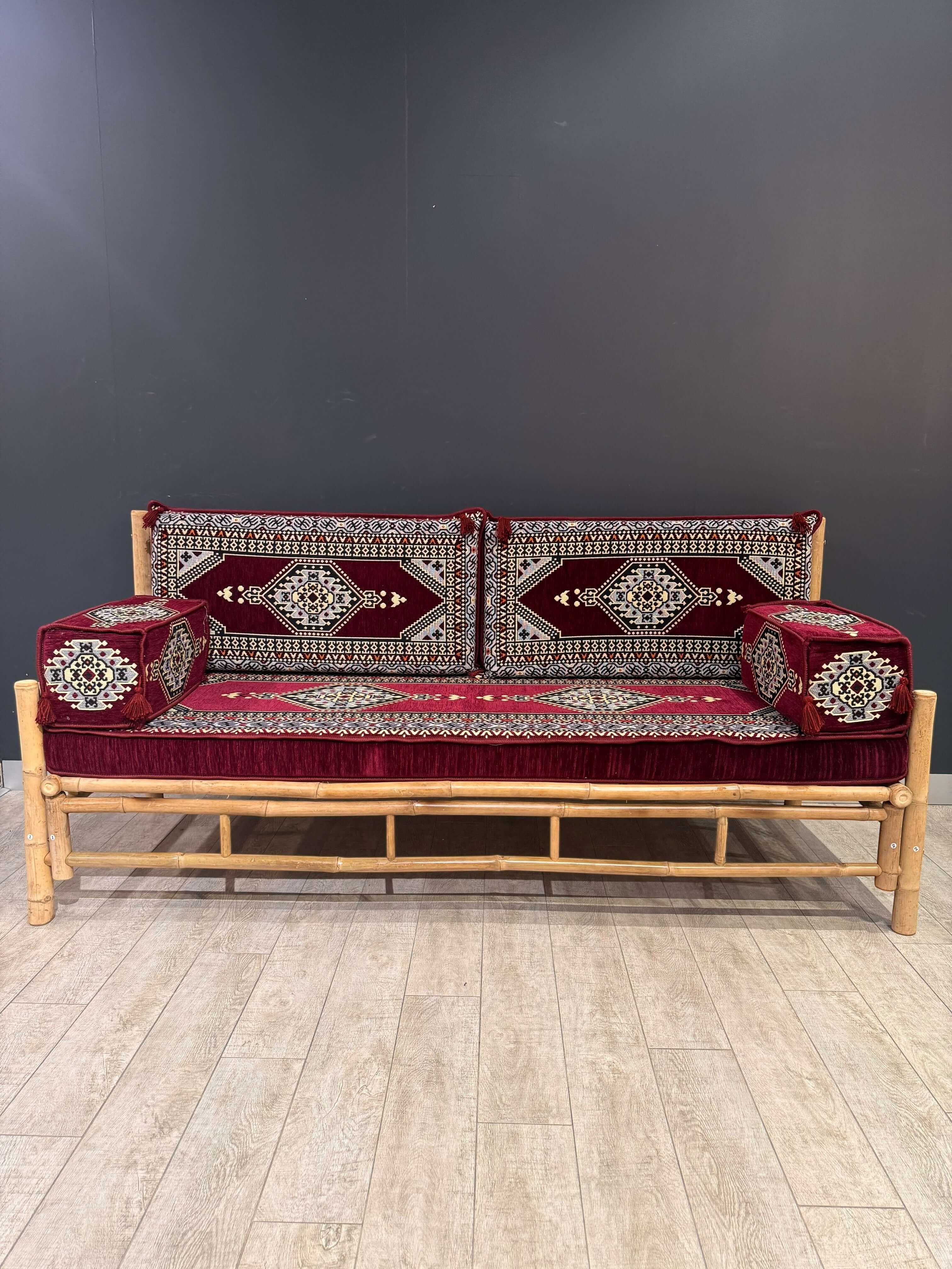 Maroon Palace Arabic Seating Sofa | Handmade Bamboo 70x190cm Cushion
