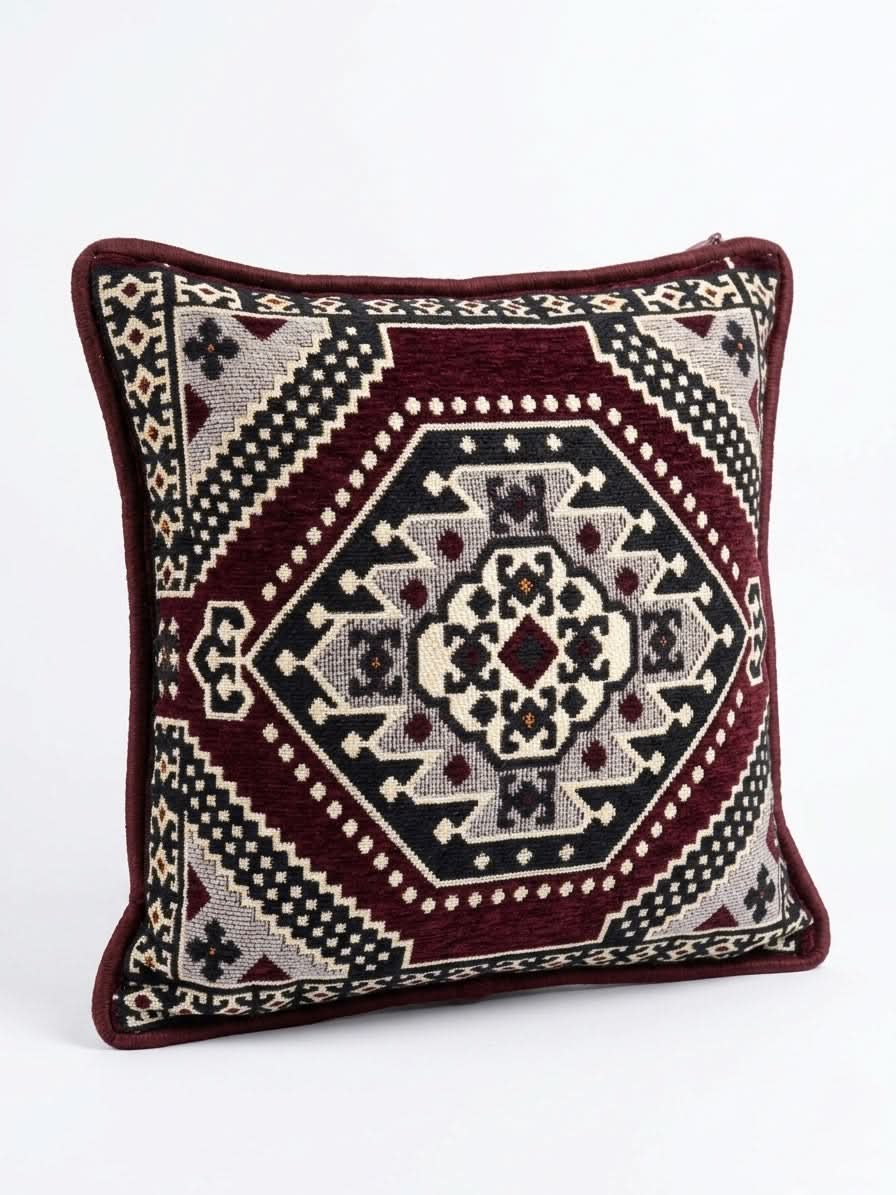 Maroon Palace Kilim Cushion: 40x40cm square throw pillow with intricate geometric design in warm colors.