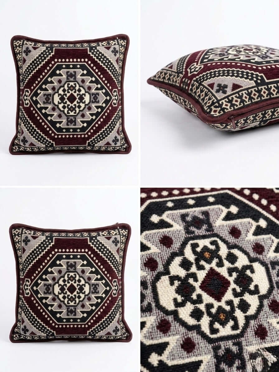 Maroon Palace Kilim Cushion in a square 40x40cm design showcasing intricate patterns and rich colors.