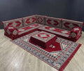 Maroon Palace L-Shape Full Set with Arabian Majlis design, showcasing elegant seating and a patterned rug.