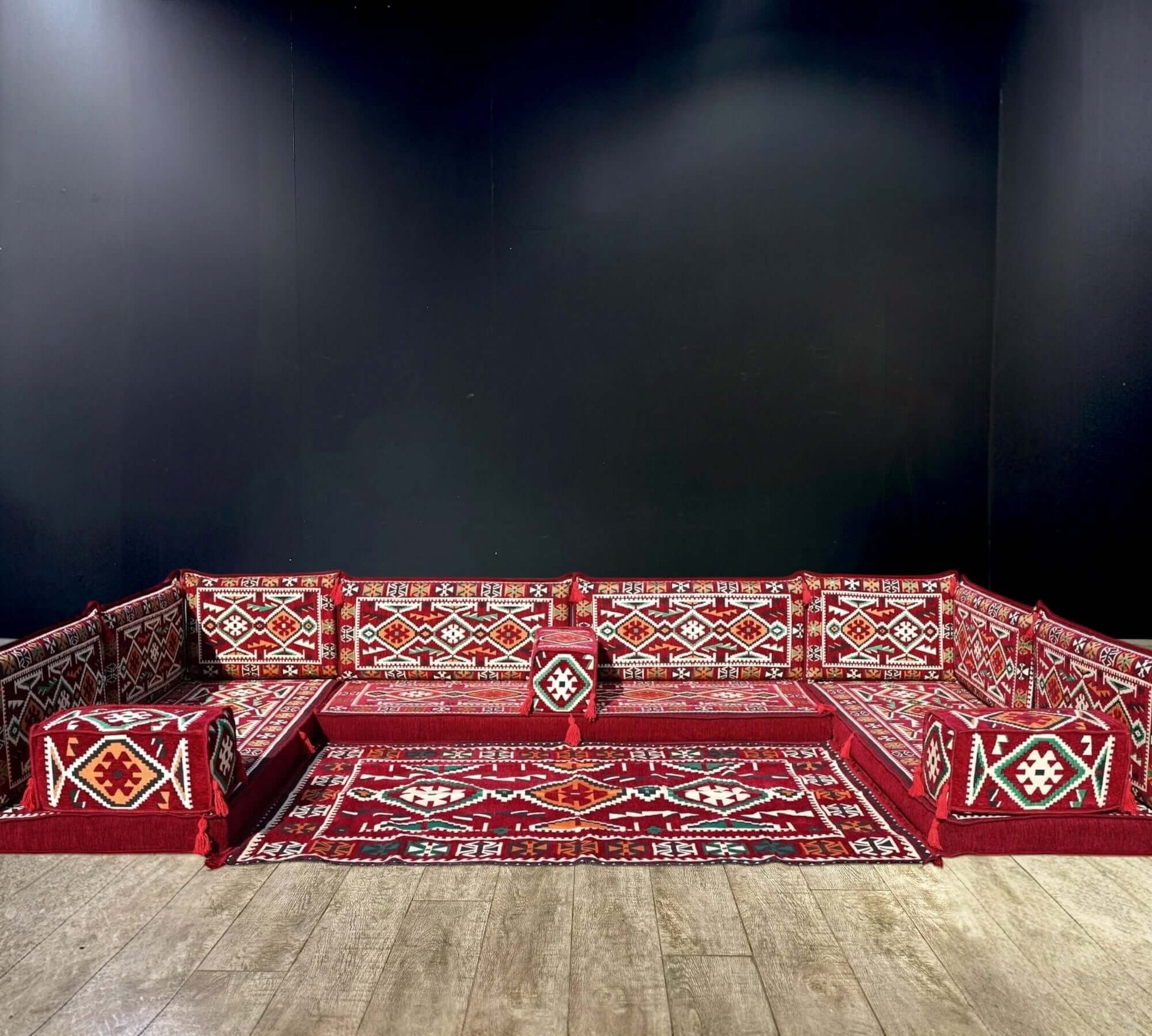 Maroon Serenity U-Shape Majlis Sofa Set-Create a tranquil ambiance with the Maroon Serenity U-Shape Majlis Sofa Set. Elegance and comfort redefine your Arabic majlis experience-Bazaar G Rugs N Gifts