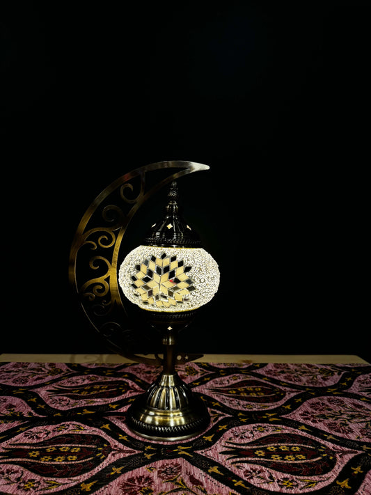 Midnight Glow Turkish Mosaic Lamp - Crescent Moon Design-Shop the Midnight Glow Turkish Mosaic Lamp! Features black, white, and red mosaic design with a crescent moon stand. Includes LED bulb. Perfect for decor or gifting.-Bazaar G Rugs N Gifts
