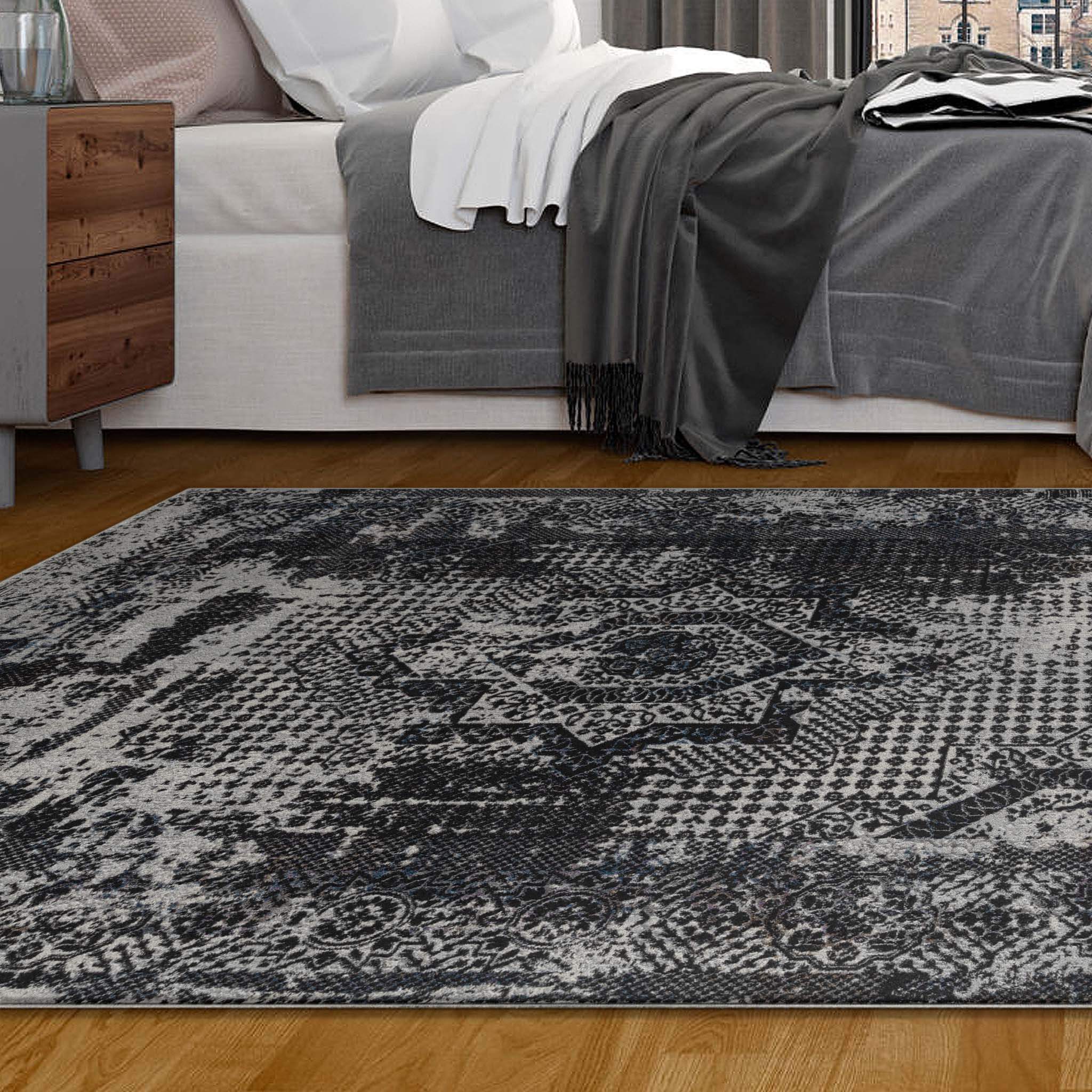 Midnight Grey Turkish Rug Distressed Modern Design