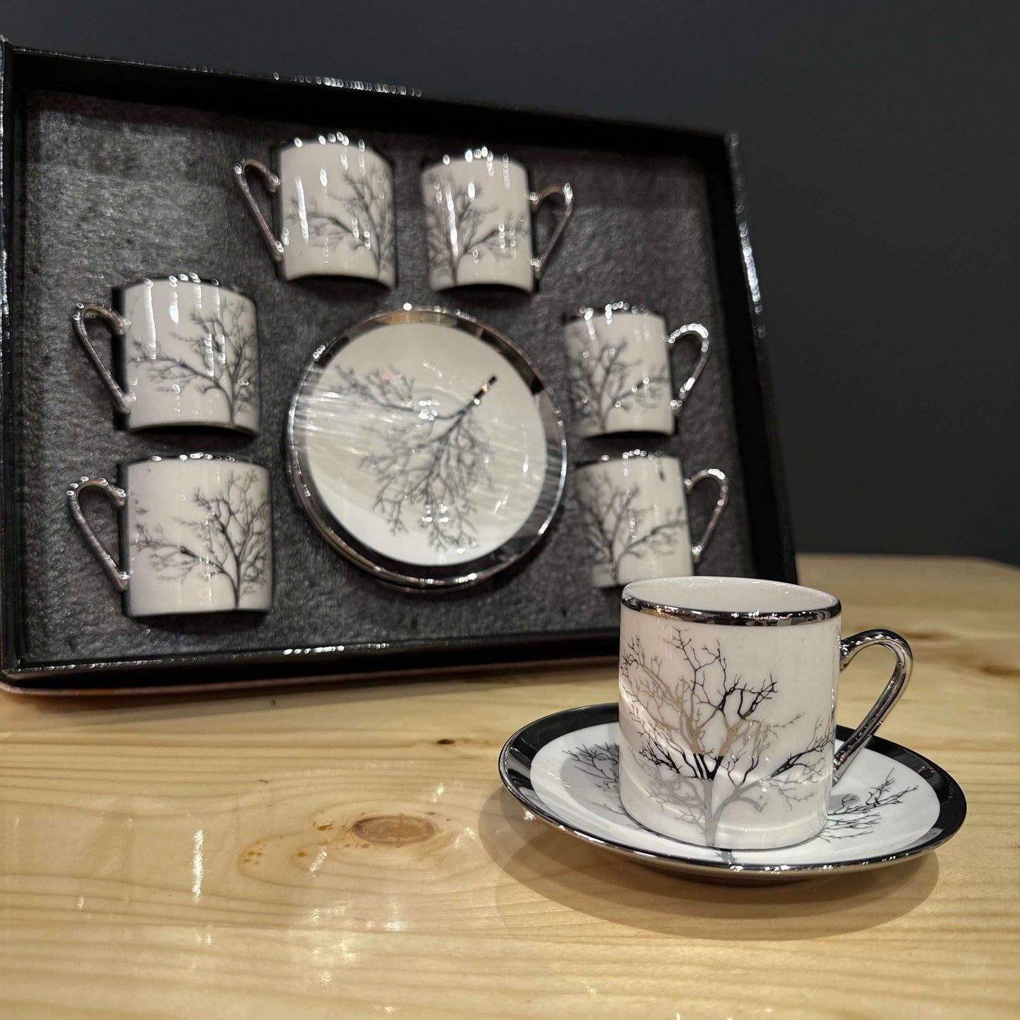 Minimalist Tree Design Turkish Coffee Cup Set-Discover our Premium Turkish Coffee Cup Set, featuring 6 cups and 6 saucers made from high-quality porcelain. Choose from vibrant floral patterns, the iconic evil eye design, luxurious gold accents, or minimal