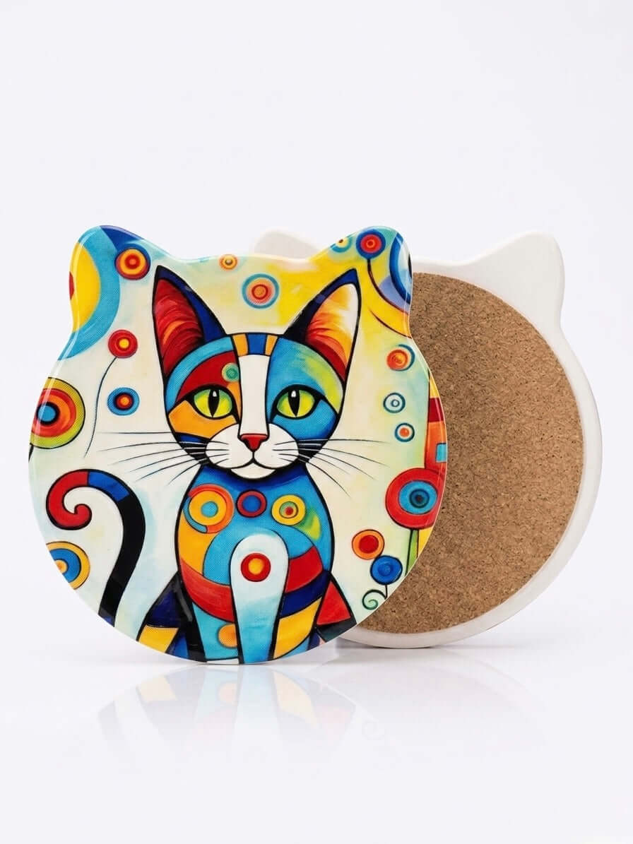 Modern Abstract Cat Cork Trivet – Heat Resistant Kitchen Pot Stand featuring vibrant cat design with colorful patterns.